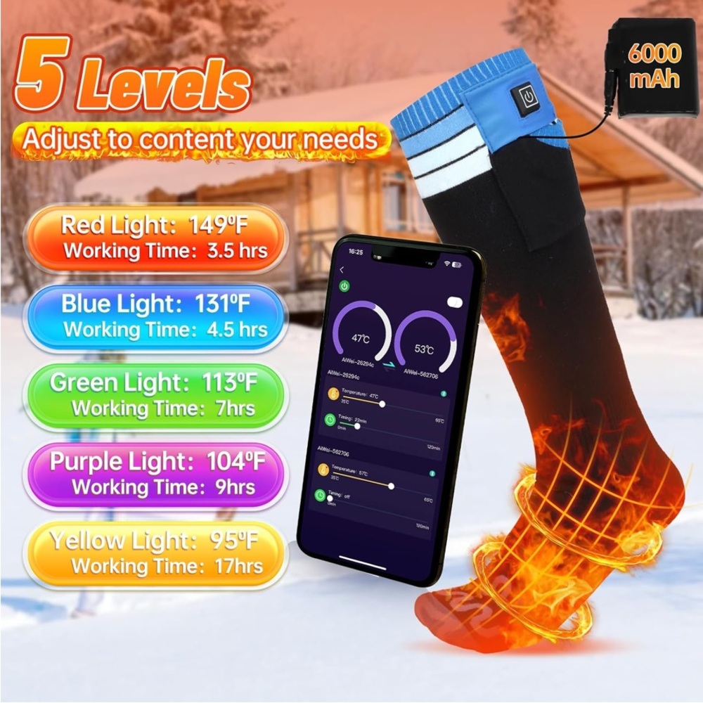 New  Heated Socks for Men Women with APP Remote Control, 7.4V..